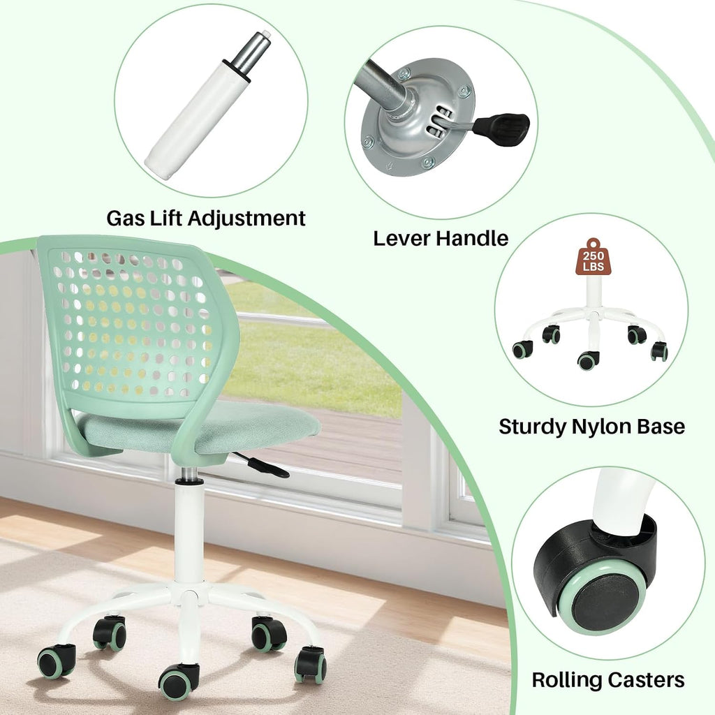 FurnitureR Armless Desk Chair with Wheels, Ergonomic Adjustable Height Swivel Task Chair with Breathable Back and Padded Seat, Rolling Study Computer Seating for Kids Teens, Mint Green