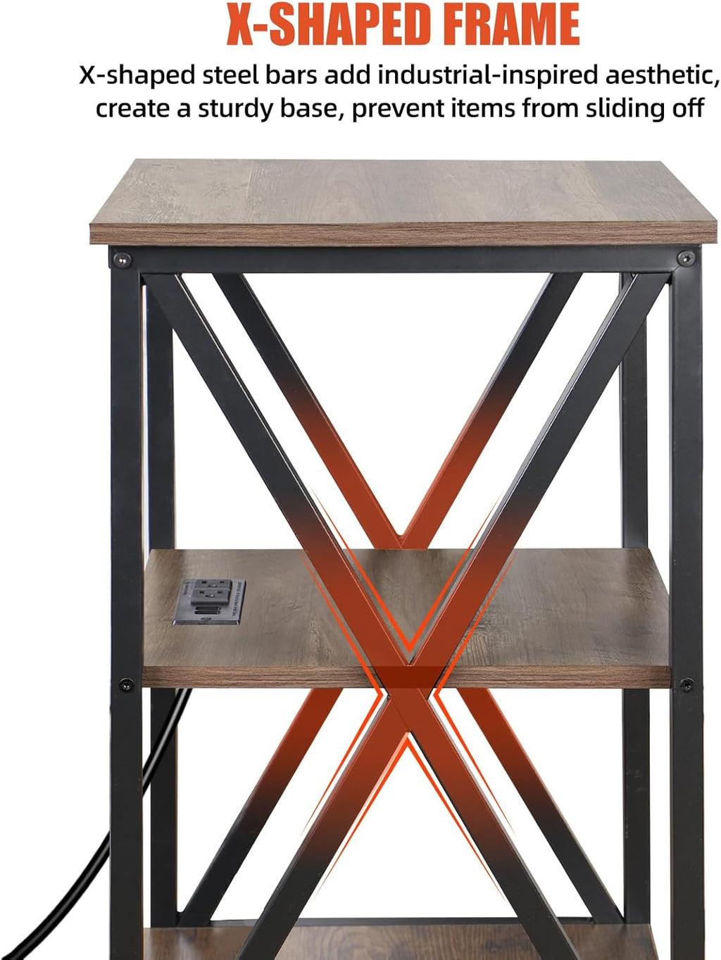 Square End Table with Charging Station, 3-Tier End Table Living Room, 16" D X 16" W X 28" H, Wood and Metal Table with USB Ports and Outlets, Side Table with Wheels for Living Room, Bedroom, Grey