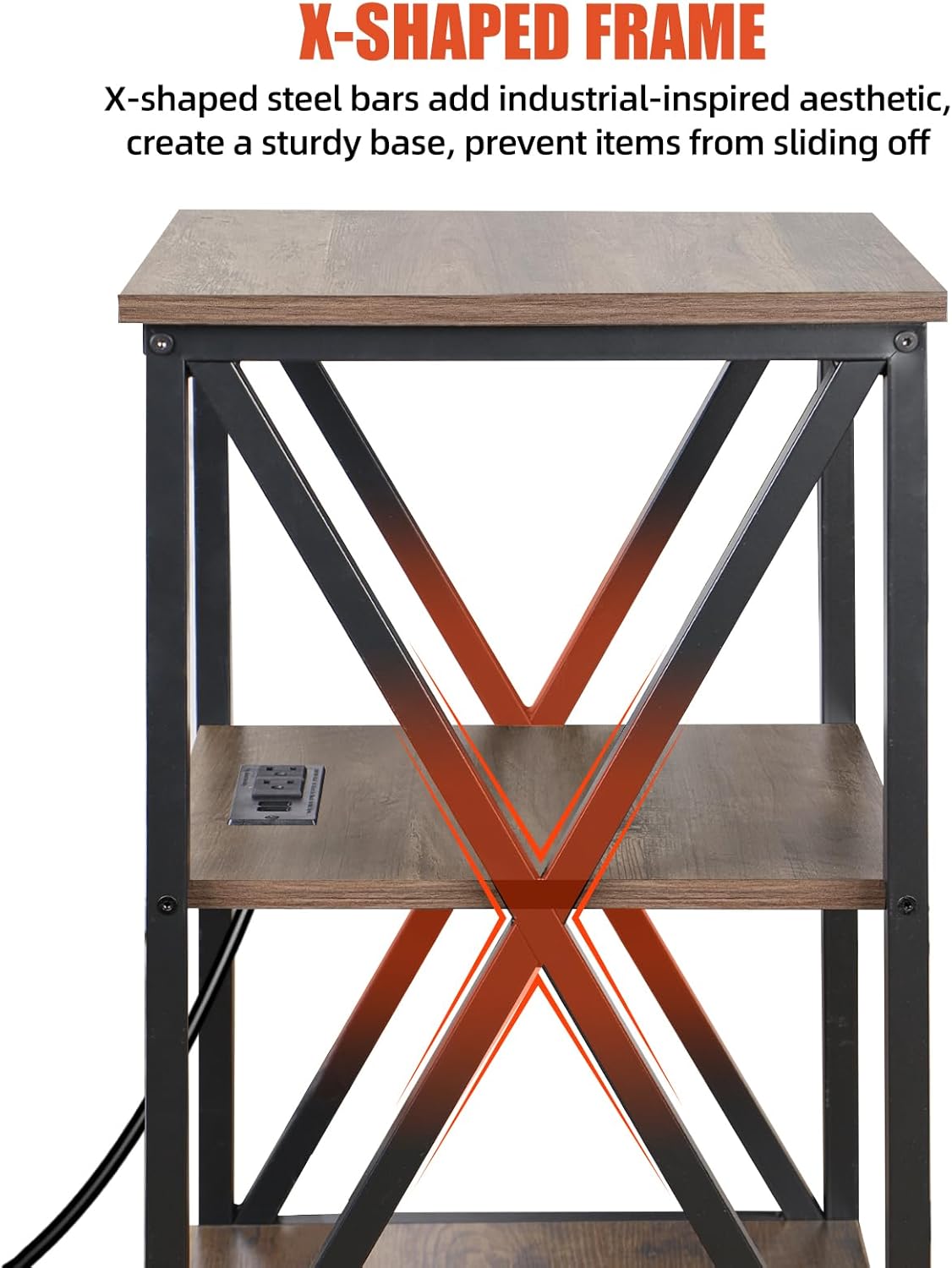 Square End Table with Charging Station, 3-Tier End Table Living Room, 16" D X 16" W X 28" H, Wood and Metal Table with USB Ports and Outlets, Side Table with Wheels for Living Room, Bedroom, Grey