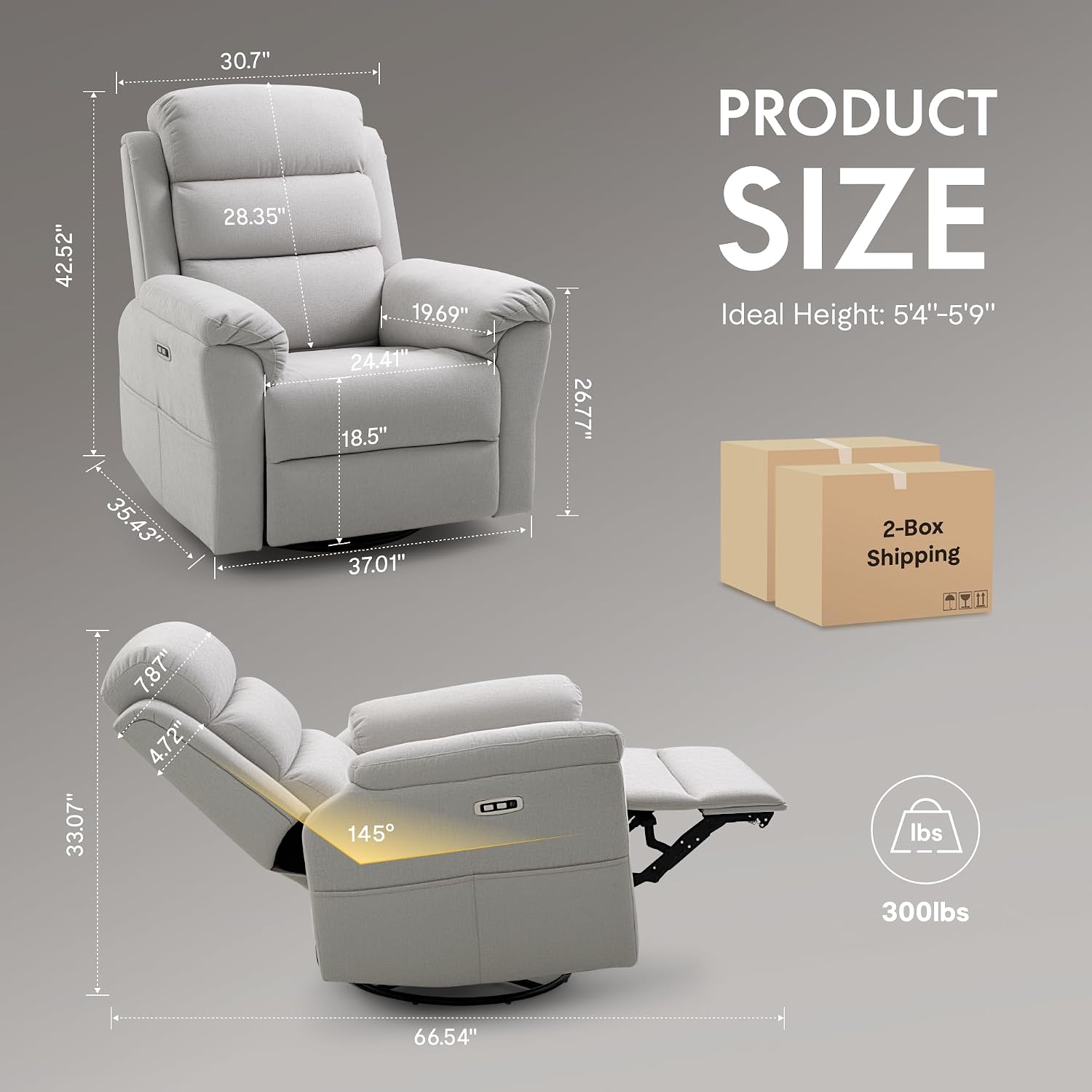 FLEXISPOT Souffle-Pro Swivel Rocker Recliner Chair, Power Nursery Glider Recliner with Massage & Heat, Adjustable Headrest, Oeko-TEX Fabric, FSC Wood Frame Ideal for Nursery & Home, Light Grey