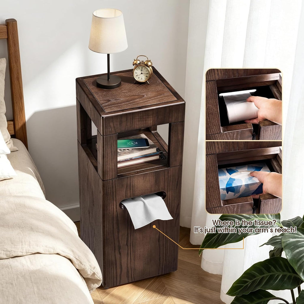 Multi Use Side End Table with Charging Station for Living Room, Solid Wood Small Table with a Hidden Tissue Box for Small Space, Modern Minimalist Nightstand for Bedroom (Walnut)