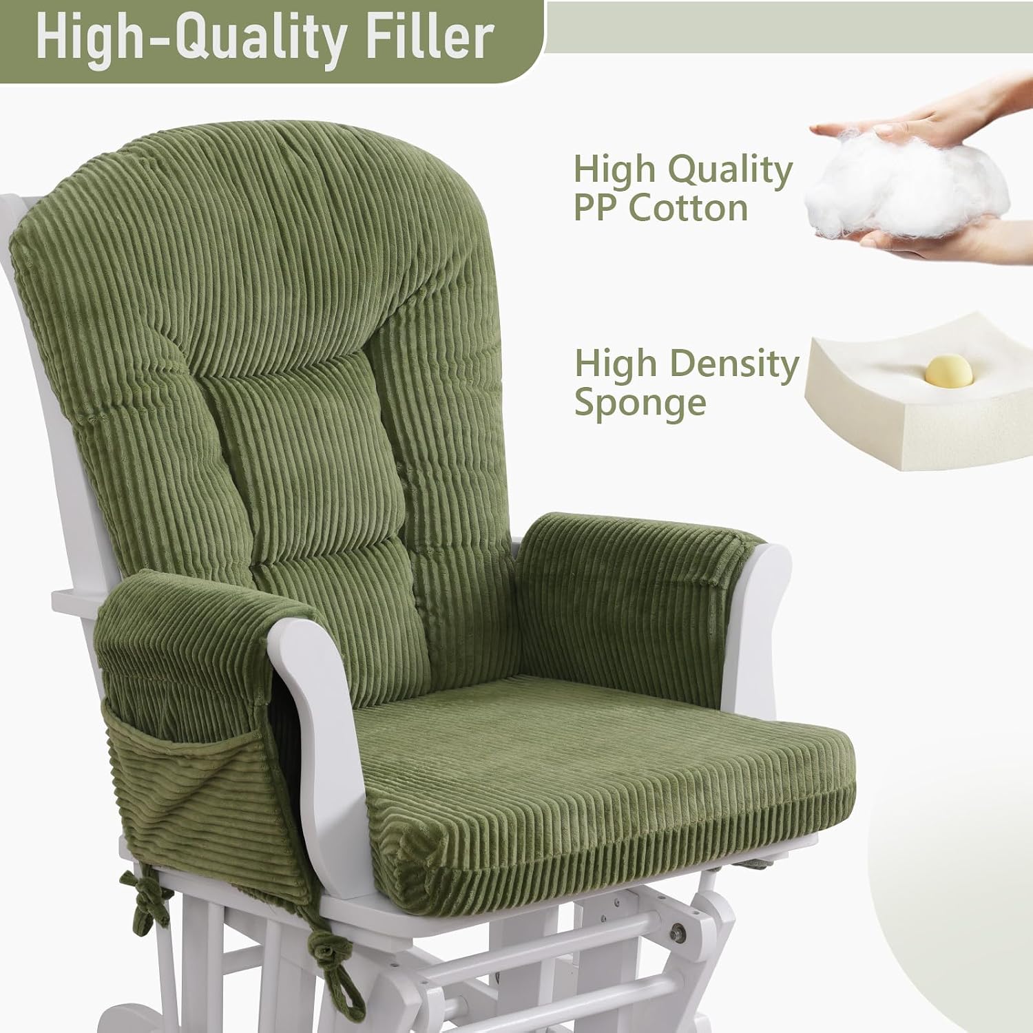 Boshen 5PCS Glider Rocker Replacement Cushions with Storage Side Pockets, Thickened 3.5IN Seat & Supportive Striped Plush Rocking Chair Cushion Set with Ottoman Cover for Indoor Nursery, Green