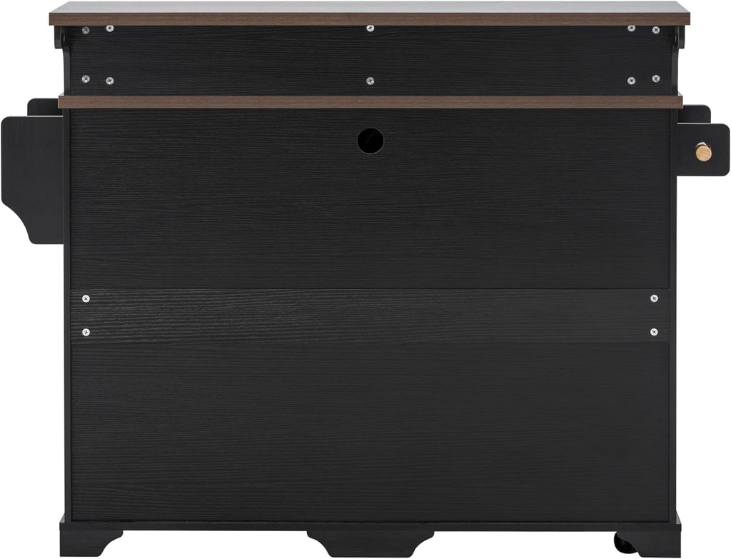 Merax 53.2" Two-Tier Kitchen Island with Storage, Farmhouse Kitchen Island with Power Outlet, 4 Door Shelves, Adjustable Shelves, 3 Drawers, Rolling Island Table, Bar Cabinet for Kitchen, Ash Black