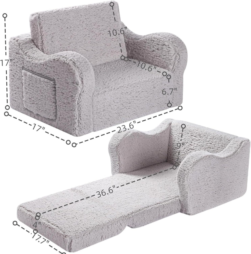 MOMCAYWEX Kids Sofa, 2-in-1 Flip-Out Foam Couch with Soft Sherpa Cover, Cozy Play Lounge Chair, Grey