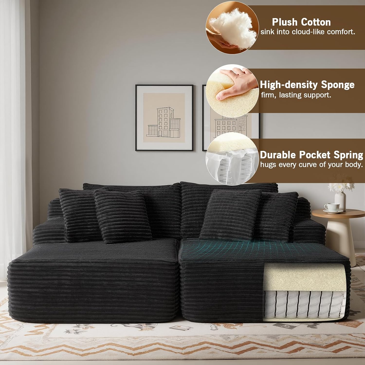 83” Oversized Double Chaise Lounge Indoor, Black Corduroy Chaise Lounge Chair, Upholstered Sleeper Sofa Bed, Deep Seat Sleeper Loveseat Reading Chairs, Boneless Cloud Couch for Living Room Bedroom