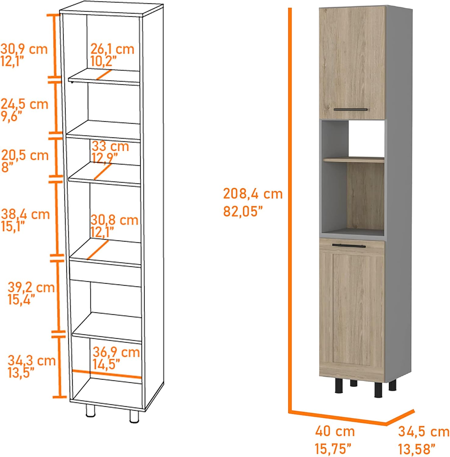 2-Door 2-Shelf Kitchen Pantry Light Pine and Gray,Buffet Kitchen Sideboard,for Kitchen,Dining Room,13.58 * 15.75 * 82.05