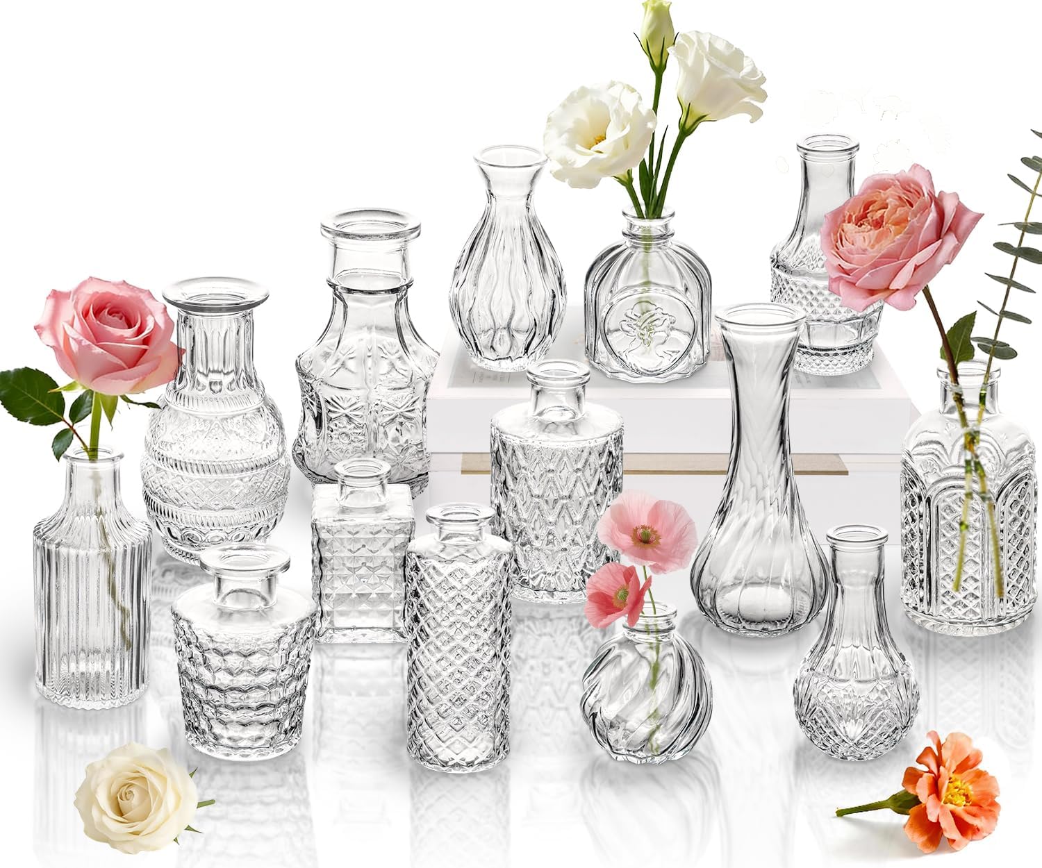 Clear Glass Bud Vase Set of 14 Pcs,Small Bud Vases in Bulk,Glass Crystal Flower Vases Table Centerpieces for Party Event Wedding Decor Baby Shower Decorations (Clear, 14 Pcs)