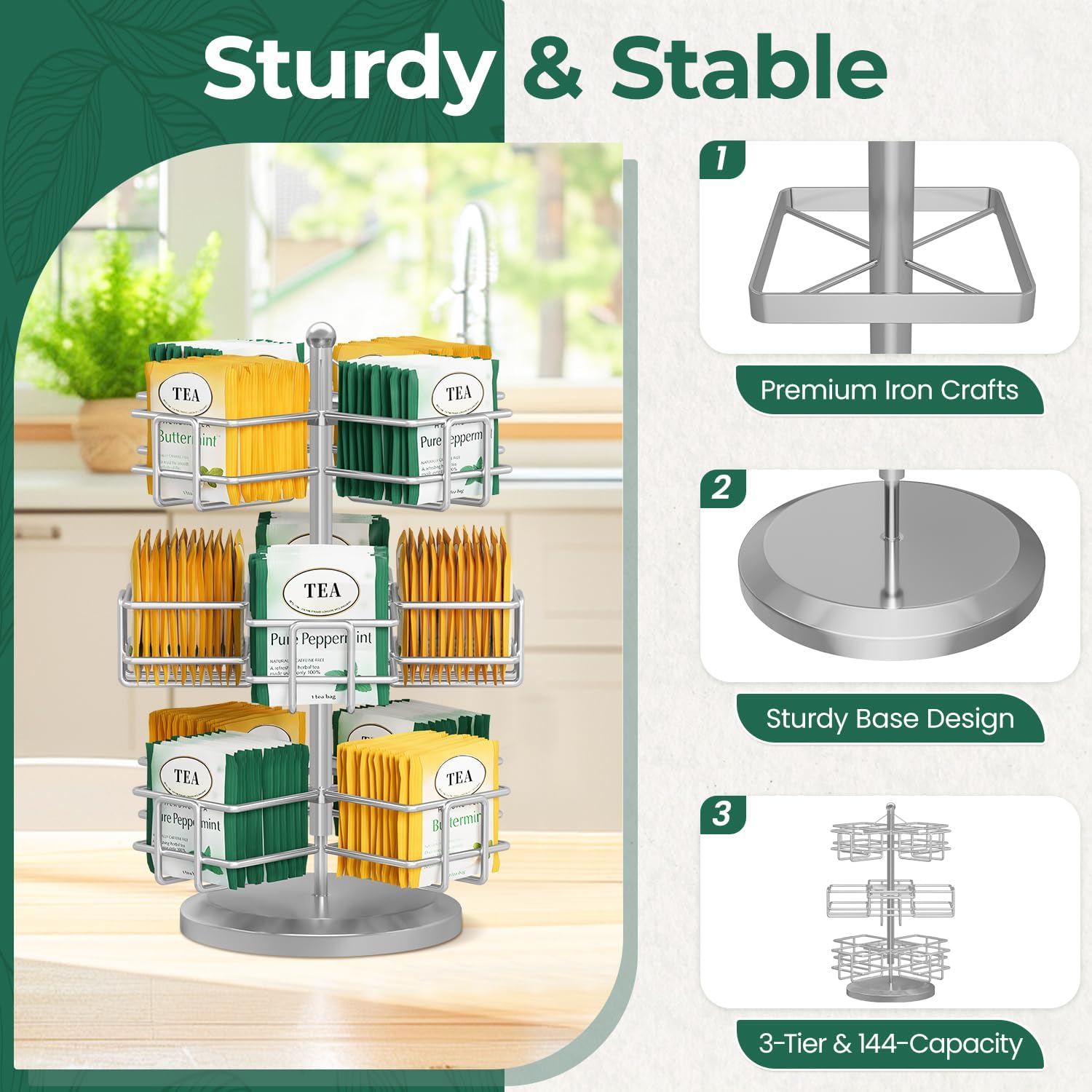 EsLuker.ly Tea Bag Holder Organizer for Counter, 3 Tier Metal Silver | Teabag Storage Rack, Spinning Carousel Packet Display Stand, Tea Organizer Station with Easy Access for Kitchen Office