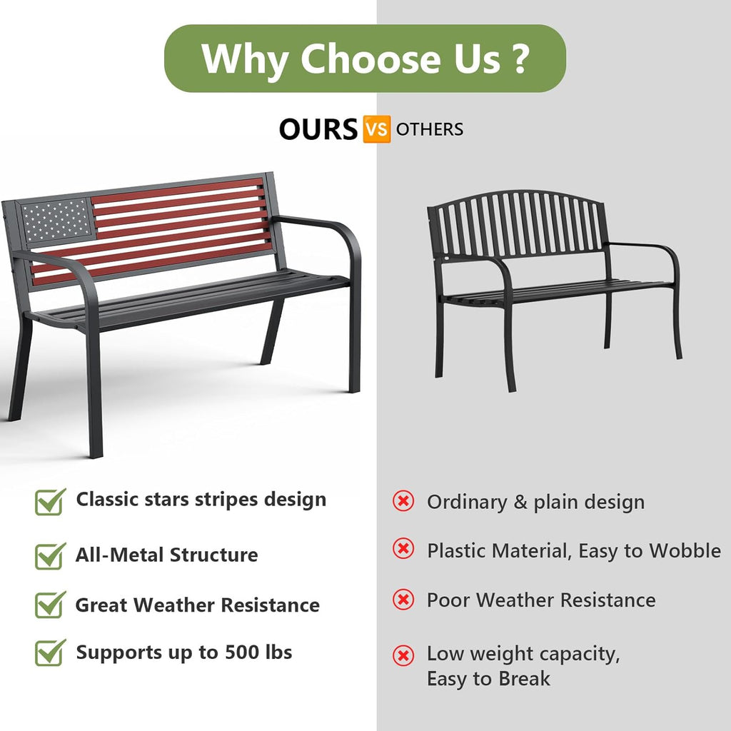 Outdoor Bench, Sturdy Metal Garden Bench with Classic Stars and Stripes Design Metal Backrest, 2-Person Patio Bench for Outside Seating, Cast Iron Steel Porch Yard Lawn Furniture, Red
