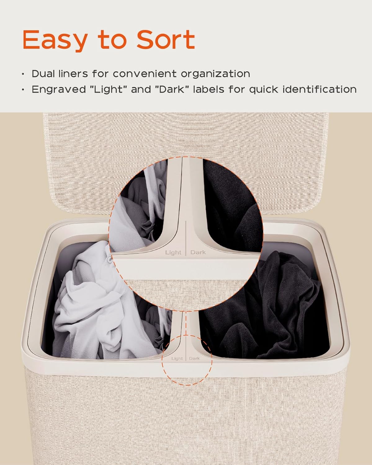 CASAMAYA Laundry Basket with Lid, Laundry Hamper 2 Section, 170L collapsible Laundry Organizer, Easy Assembly, with Handles and Removable Liners, 22 x 15.7 x 29.5 Inches, Beige JSP903M
