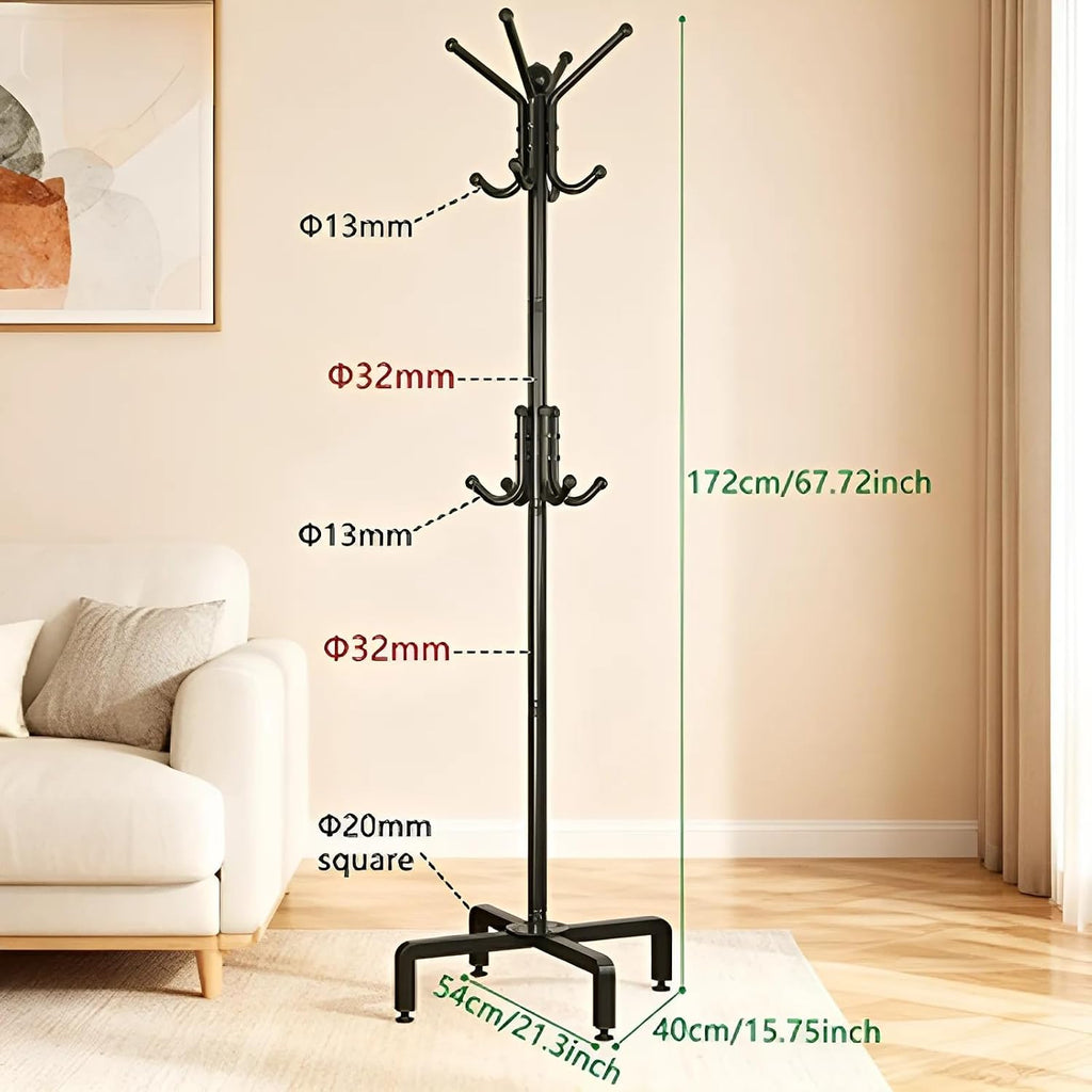 12 Hooks Freestanding Coat Rack Stand, Heavy Duty Metal Coat Tree with Stable Base, 67.7" Tall Black Coat Hanger for Entryway Hallway Bedroom Office, Holds Coats Hats Bags Without Wobbling
