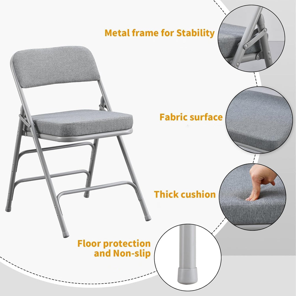 BOOSDEN Padded Folding Chair 2 Pack, Heavy Duty Fold Up Chair with Thick Cushion, Upholstered Fabric Seat, Comfy Foldable Chair, Metal Folding Dining Chair for Indoor Outdoor, Office, Home, Party,Grey