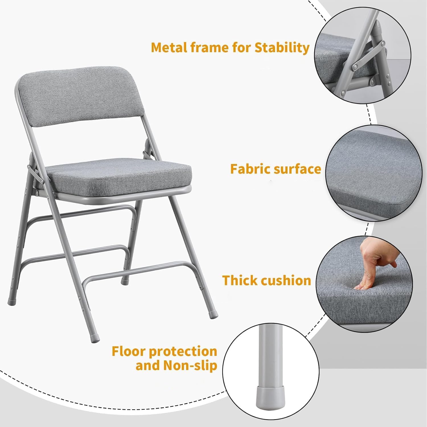 BOOSDEN Padded Folding Chair 2 Pack, Heavy Duty Fold Up Chair with Thick Cushion, Upholstered Fabric Seat, Comfy Foldable Chair, Metal Folding Dining Chair for Indoor Outdoor, Office, Home, Party,Grey