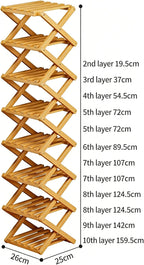 2-10 Tiers No-Assembly Bamboo Rack, No-Tool Assembly, Foldable Storage Shelf, Vertical Shoe Organizer for Small Spaces, The 9-Tier No-Assembly Bamboo Rack (Natural,10 Tier)