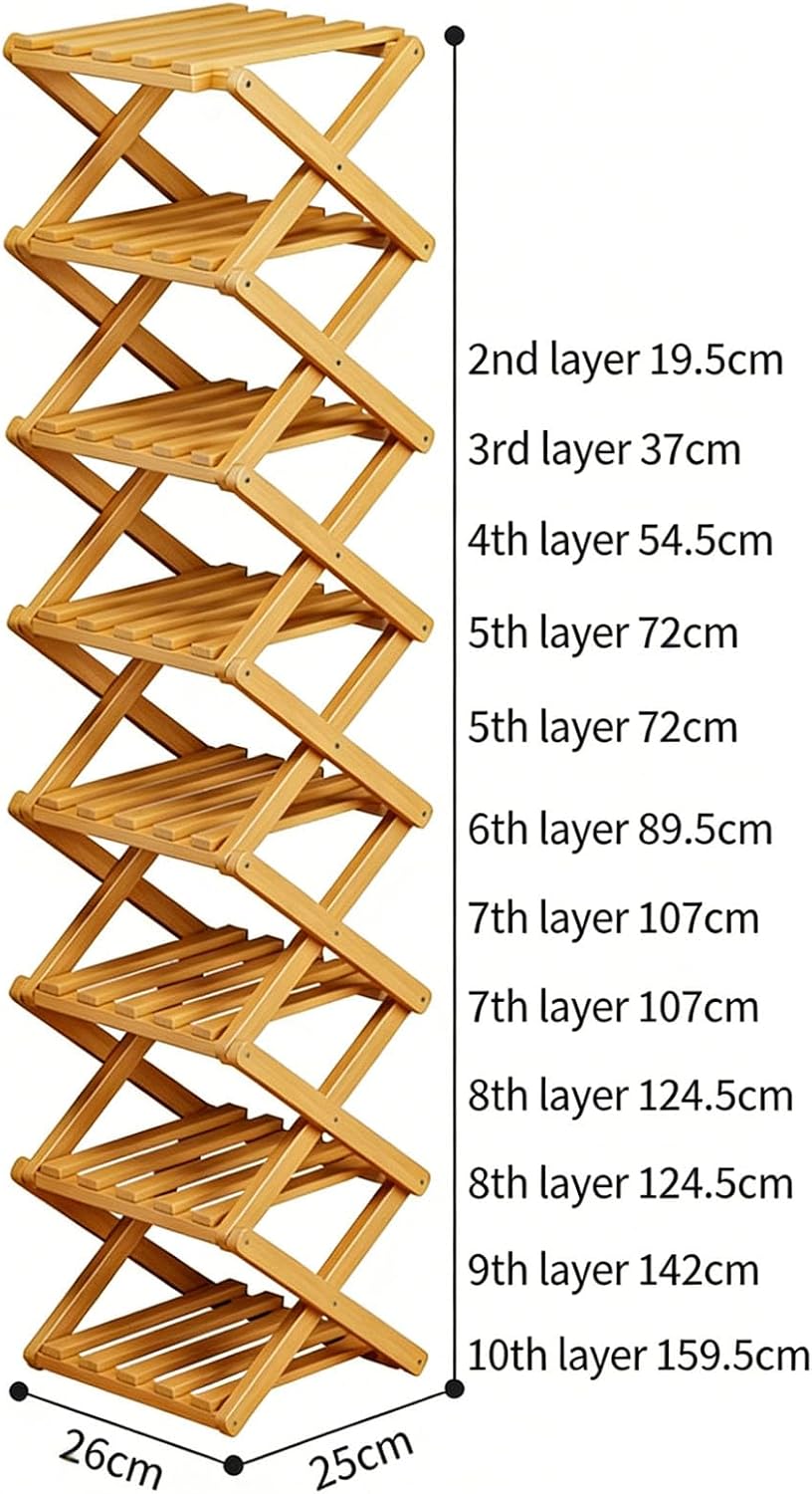 2-10 Tiers No-Assembly Bamboo Rack, No-Tool Assembly, Foldable Storage Shelf, Vertical Shoe Organizer for Small Spaces, The 9-Tier No-Assembly Bamboo Rack (Natural,10 Tier)
