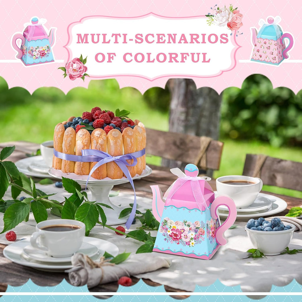 Outus 48 Pcs Floral Tea Party Favor Boxes Large Flower Teapot Candy Box Vintage Floral Pink Blue Teapot Box Spring Gift Supplies for Birthday Decorations Baby Shower Wedding Party