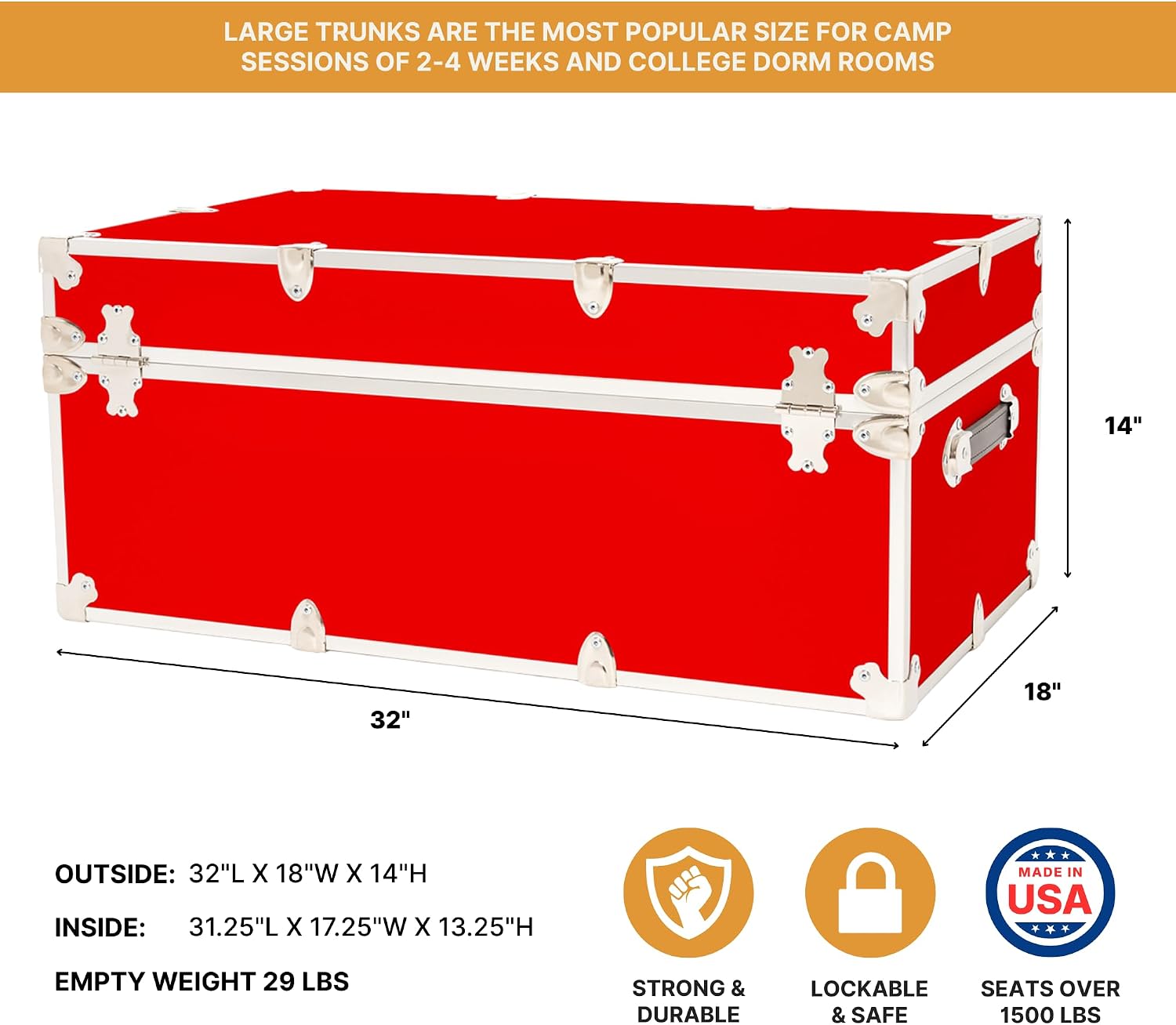 Rhino Trunk & Case Classic Large Trunk - 32"x18"x14", 1500+ lbs Capacity - Many Colors, Soft-Close Lid. Strong, USA Made Summer Camp Footlocker and Secure College Dorm Storage Chest