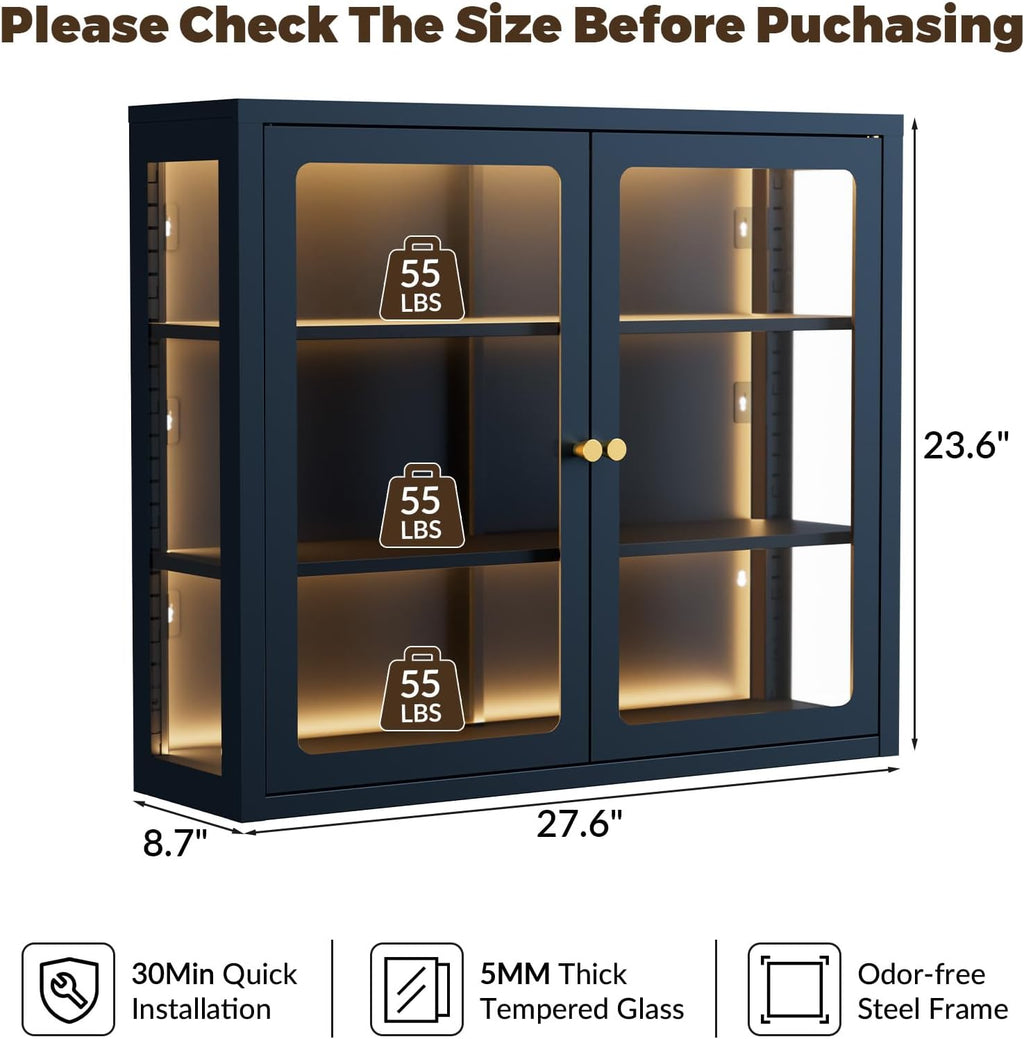 Bathroom Wall Cabinet with 13-Color Light, Wall Mounted 3-Sided Glass Display Cabinet with Adjustable Shelves, Floating Metal Medicine Storage Cabinet for Kitchen Living Room - Blue