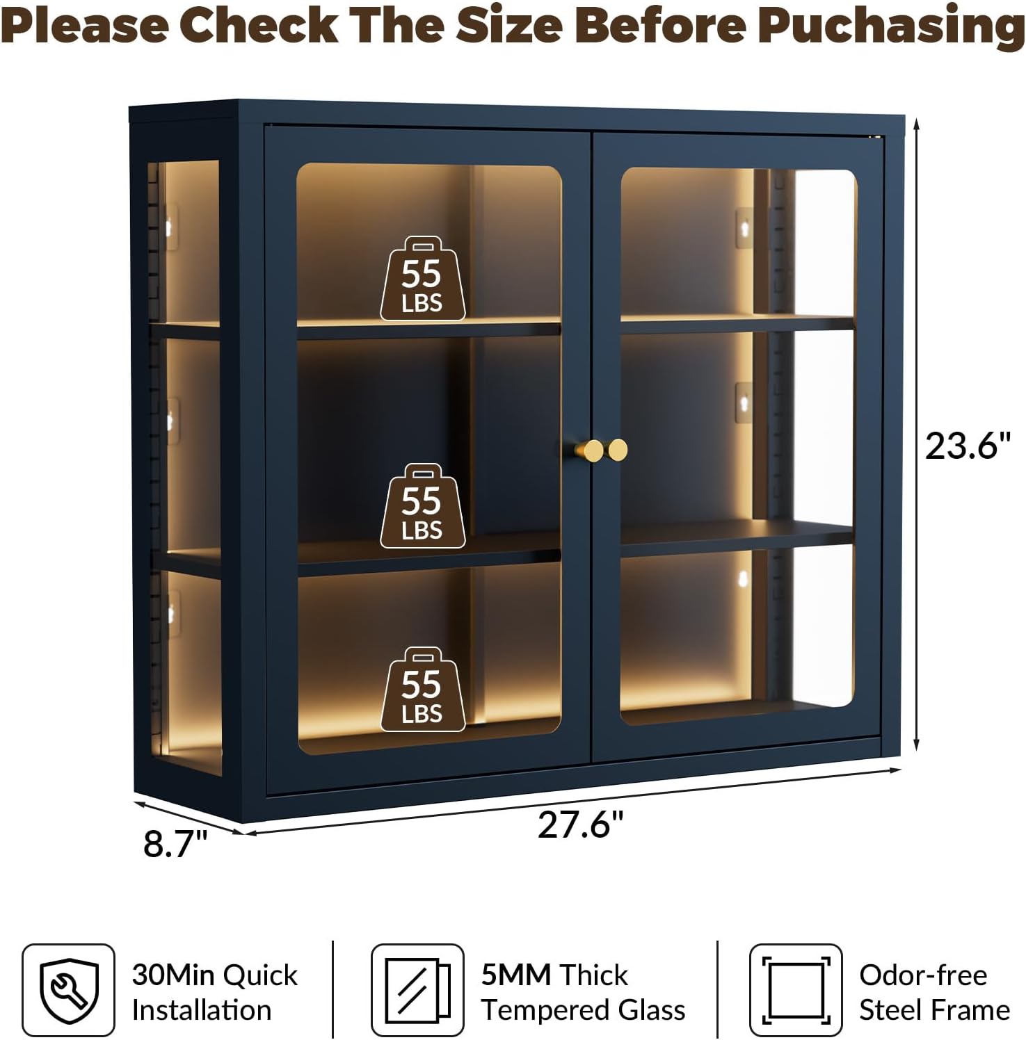 Bathroom Wall Cabinet with 13-Color Light, Wall Mounted 3-Sided Glass Display Cabinet with Adjustable Shelves, Floating Metal Medicine Storage Cabinet for Kitchen Living Room - Blue