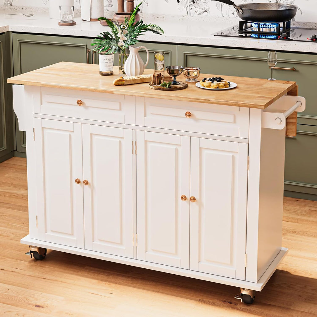 JassmiPkwy 51.2'' Rolling Kitchen Island with Drop Leaf - Kitchen Carts on Wheels with Storage, Towel Rack, Drawers Island Table for Kitchen, Dining Room, White