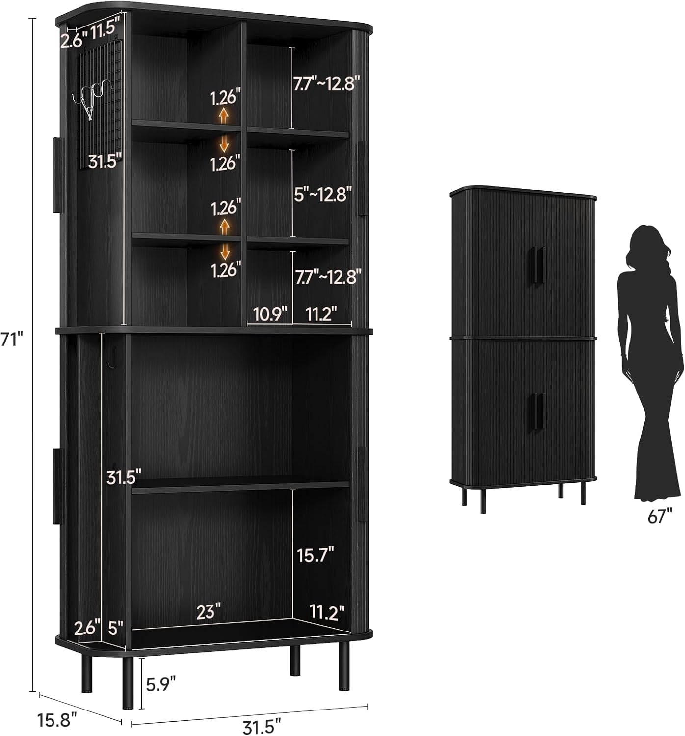 71" Tall Fluted Pantry Cabinet, Mid-Century Modern Kitchen Pantry Storage Cabinet with 2 Pegboards, 10 Hooks, Freestanding Cupboard with 4 Adjustable Shelves, Sliding Doors (Black)