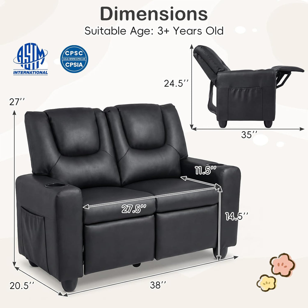 Costzon 2-Seater Kids Recliner, PU Leather Kids Loveseat w/2 Cup Holders & 2 Side Storage Pockets, Toddler Lounge Sofa Chair Couch w/Adjustable Backrest & Footrest for Girls & Boys 3+ Years Old Gifts
