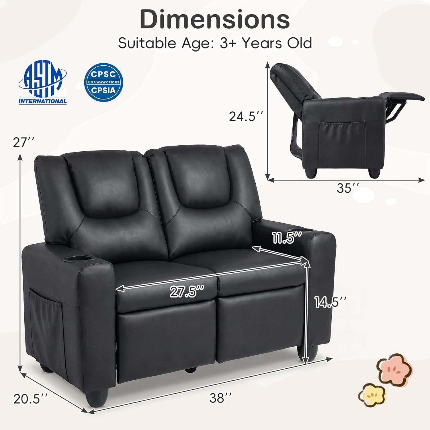 Costzon 2-Seater Kids Recliner, PU Leather Kids Loveseat w/2 Cup Holders & 2 Side Storage Pockets, Toddler Lounge Sofa Chair Couch w/Adjustable Backrest & Footrest for Girls & Boys 3+ Years Old Gifts