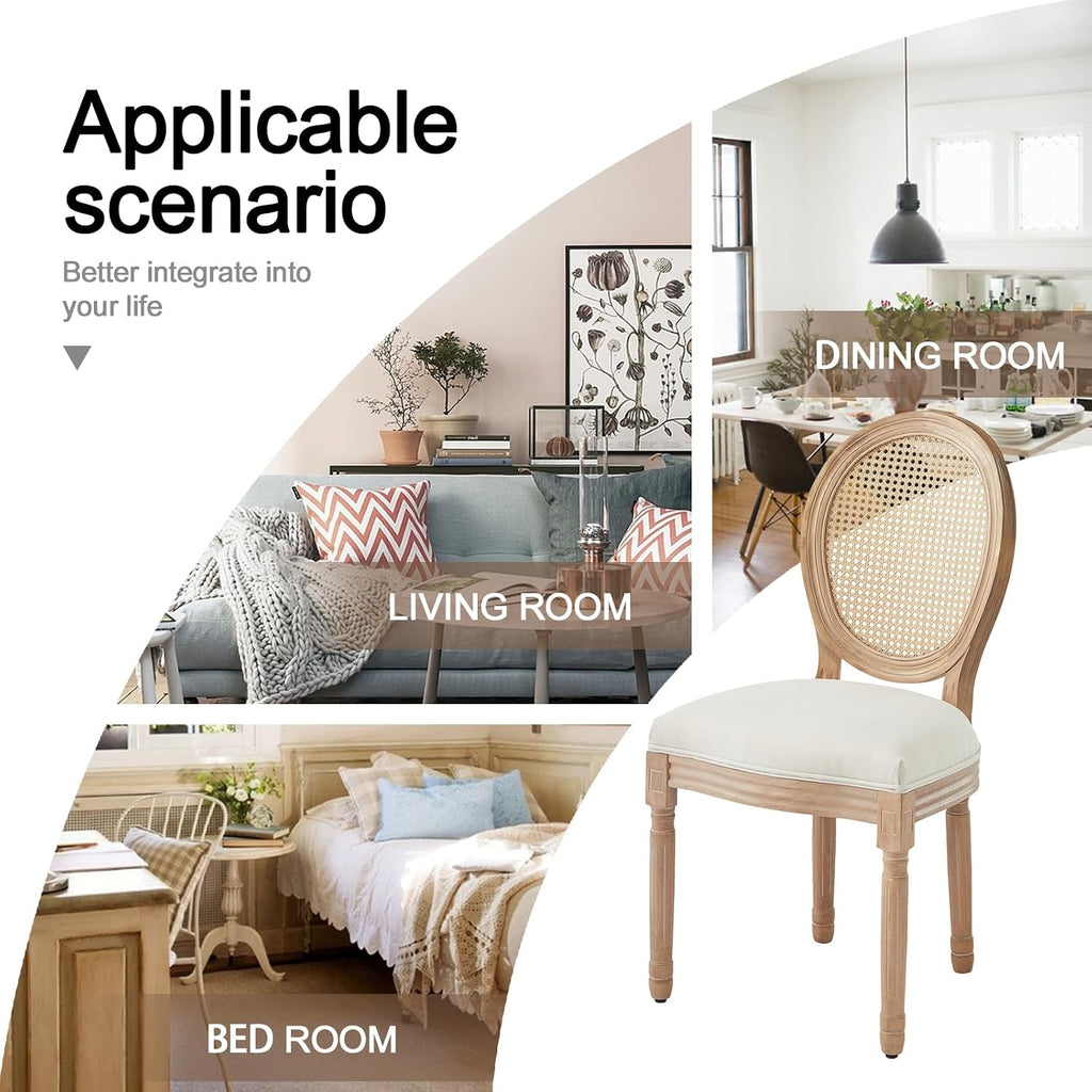 Virabit French Dining Chairs Set of 4, Hand-Woven Rattan Farmhouse Upholstered Dining Chairs with Curved Backrest and Beautifully Carved Solid Wood Frame for Living Room, Kitchen, Restaurant
