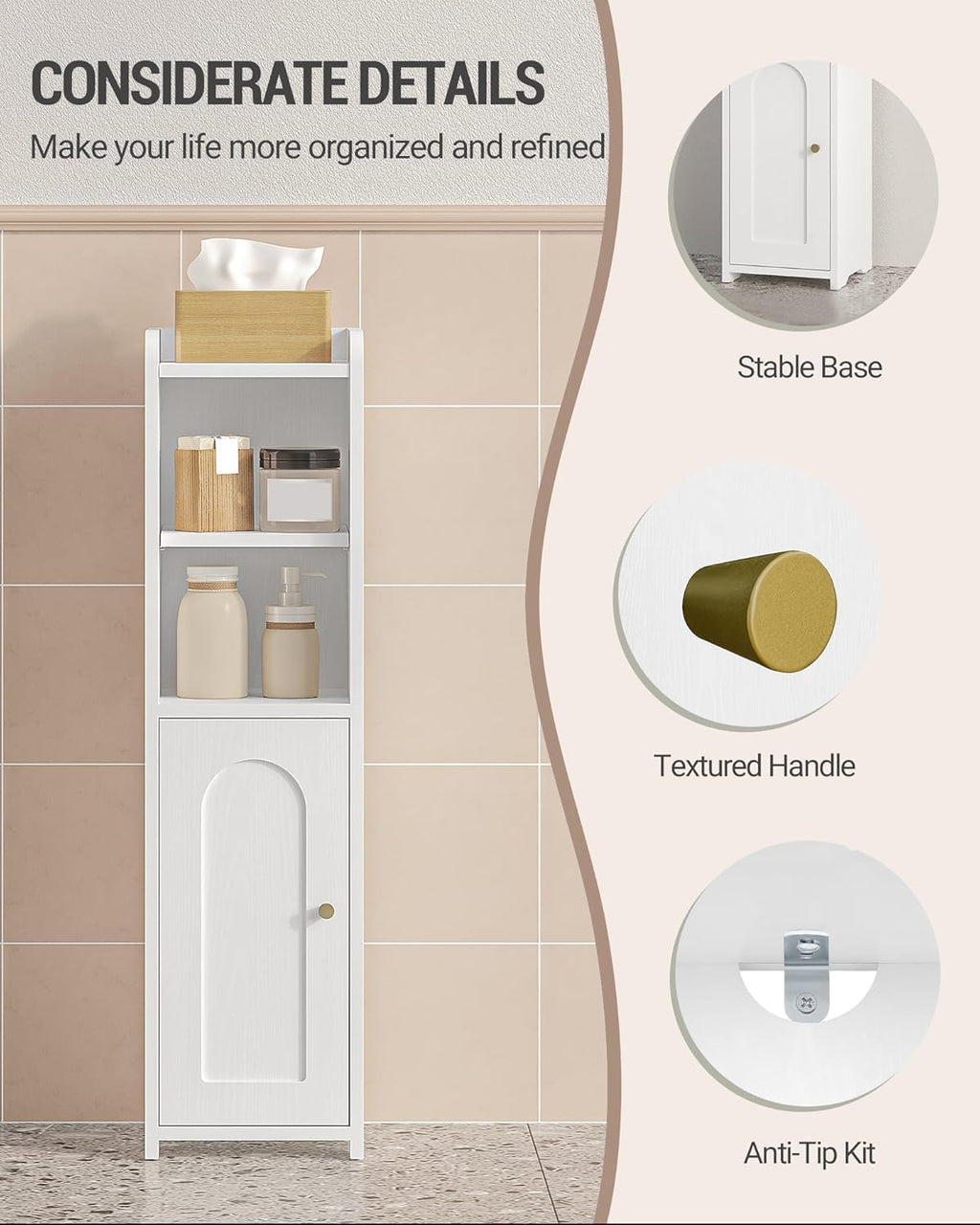 Hzuaneri Bathroom Storage Cabinet, Narrow Toilet Paper Cabinets with Doors | Small Corner Floor Cabinet with Doors and Adjustable Shelf, Bathroom Organizer for Small Spaces, White BC19703X