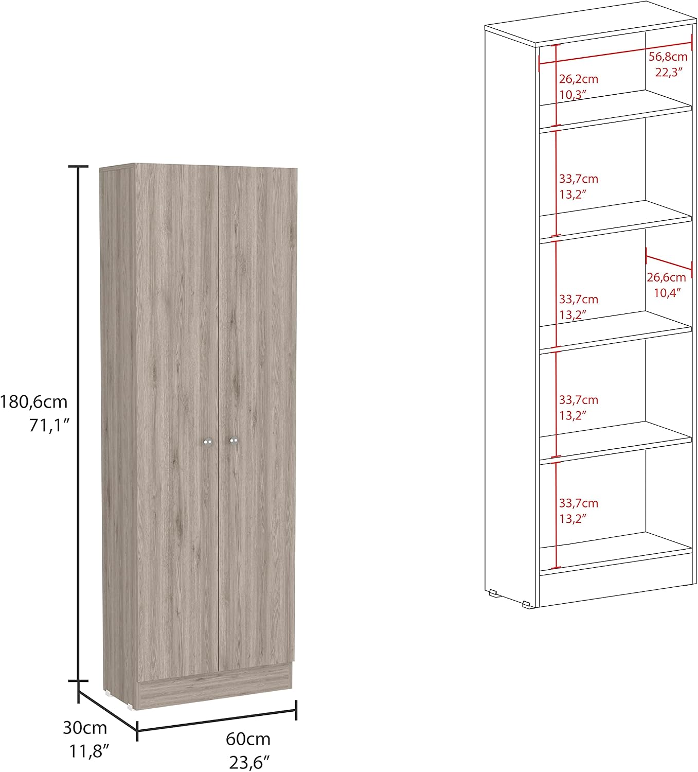 Multistorage Pantry Cabinet,Five Shelves,Double Door Cabinet for Kitchen,Laundry,Living Room,Bedroom-Light Gray,23.6 * 11.8 * 11.8