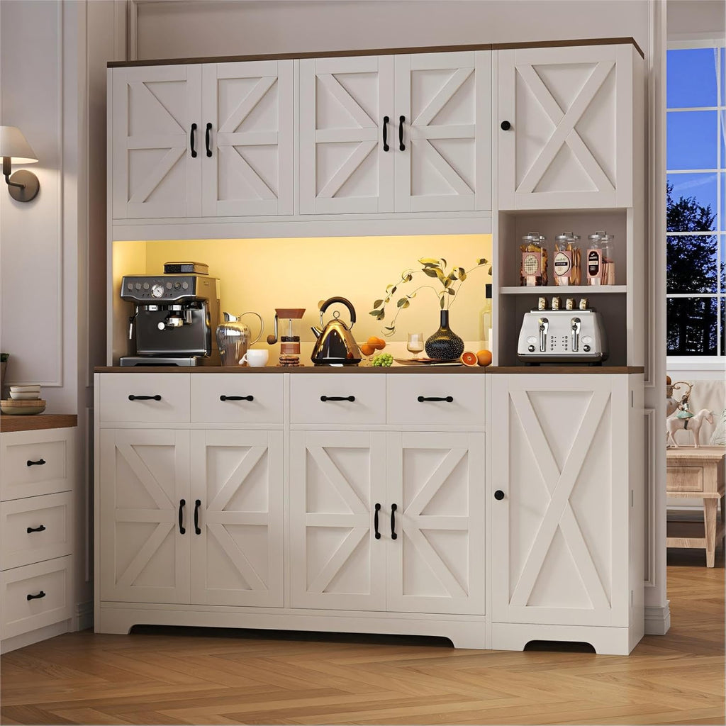 71" Tall Kitchen Pantry with LED Lights & Charging Station, Farmhouse Storage Cabinet with 4 Drawers & 6 Cabinets, Modern Kitchen Hutch for Dining Room with Adjustable Shelves, White