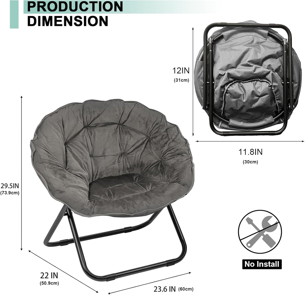Folding Saucer Chair, Faux Fur Saucer Chairs for Adults Teens, Comfy Moon Chairs with Metal Frame for Bedroom, Living Rooms, Apartments, Camping, Lounging, Garden and Courtyard (Grey)