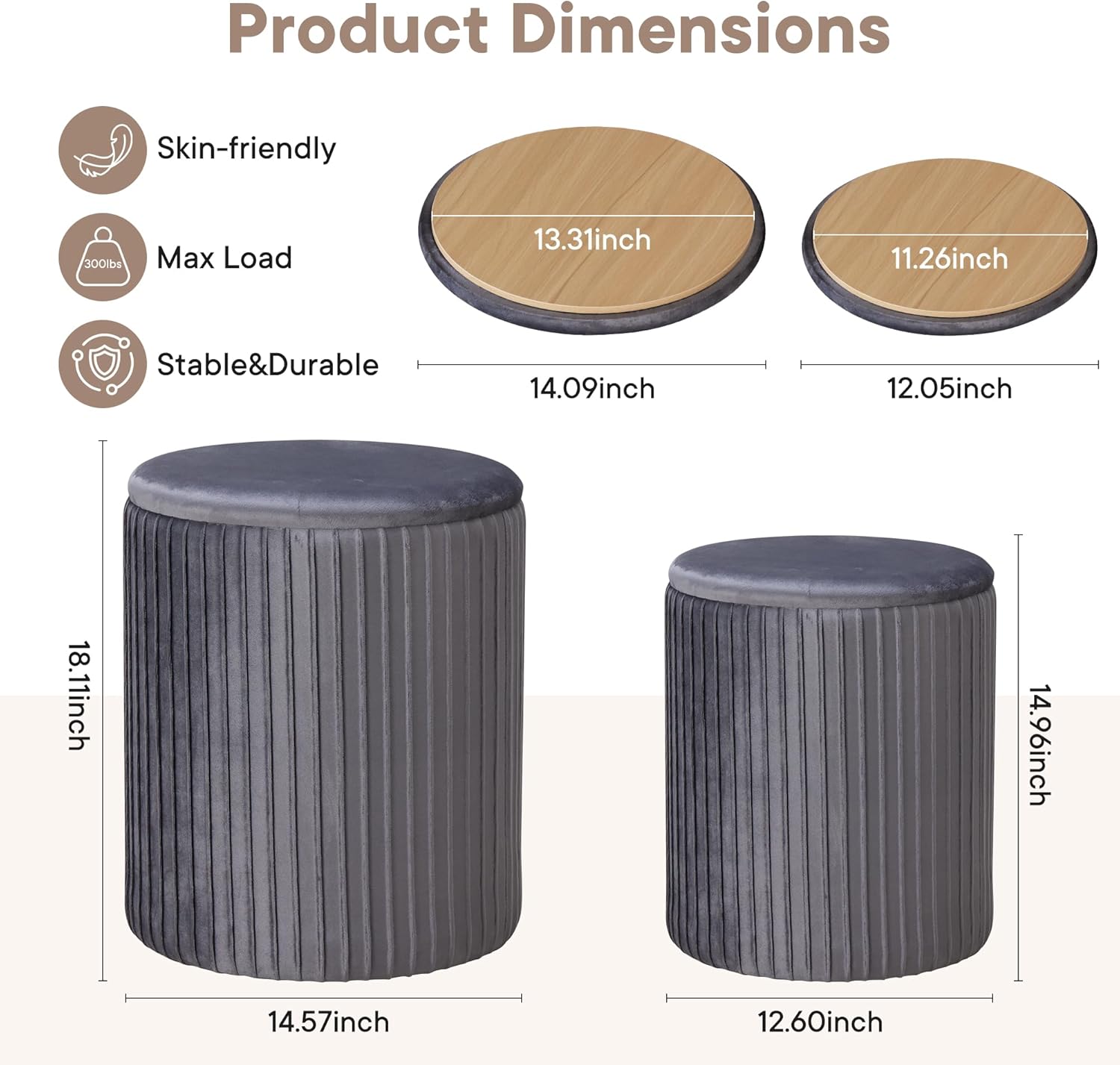 DUMOS Round Ottoman with Storage Set of 2, Vanity Stool Chair with Storage, Makeup Cute Soft Small Footstool Modern Style Coffee Table, Small Velvet Foot Stool for Living Room Bedroom Dorm, Deep Grey