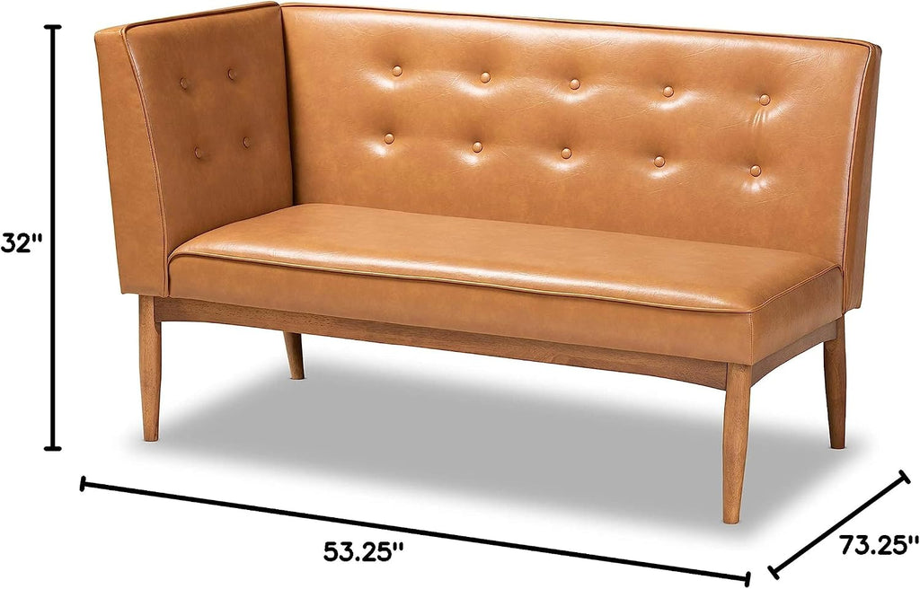 Baxton Studio Arvid Mid-Century Modern Tan Faux Leather Upholstered and Walnut Brown Finished Wood 2-Piece Dining Corner Sofa Bench