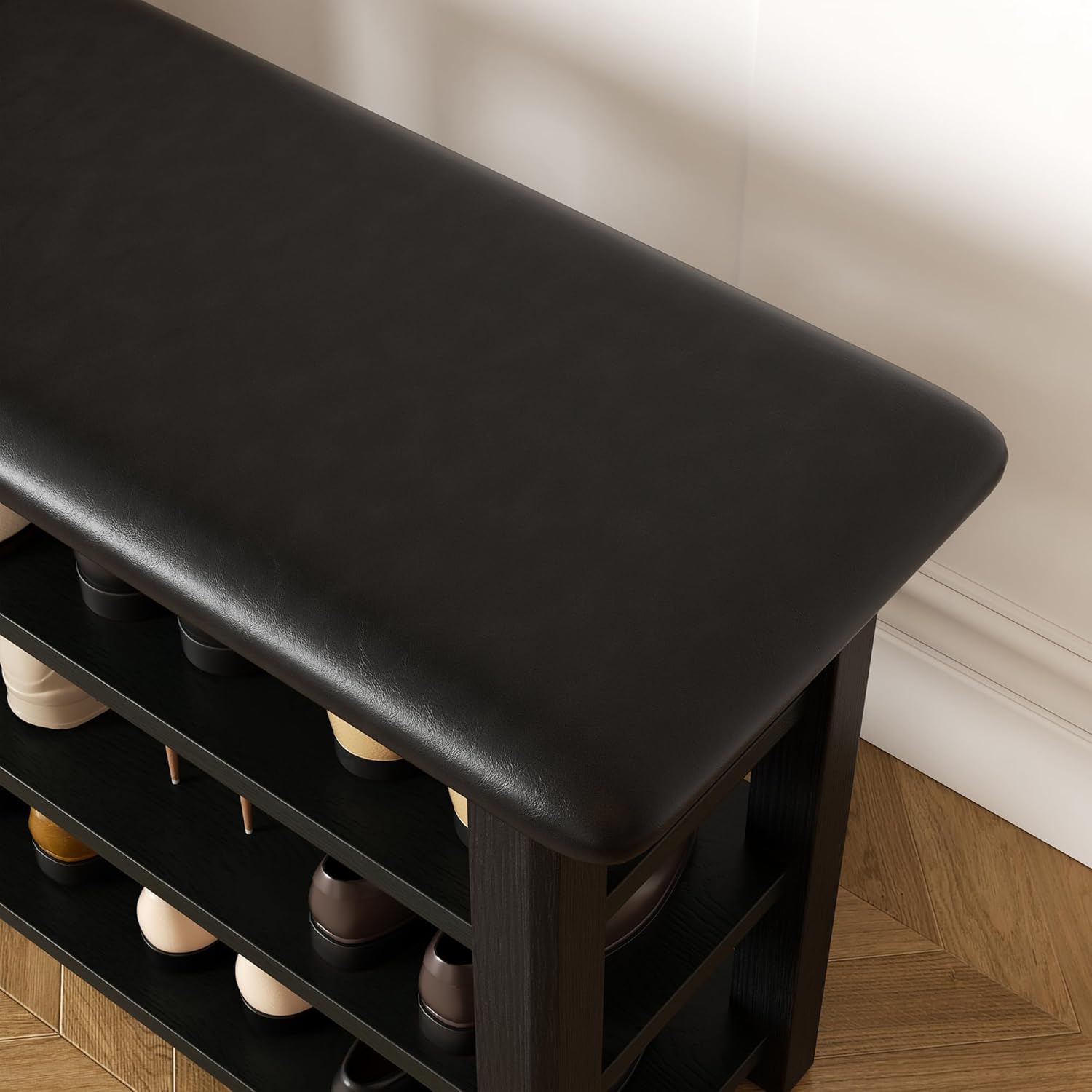 Shoe Rack Bench with Leather Cushion 3-Tier Shoe Rack Organizer for Entryway Hallway or Living Room Farmhouse Rustic Wooden Seat Bench Black 11.8" Dx31.5 Wx20.4 H