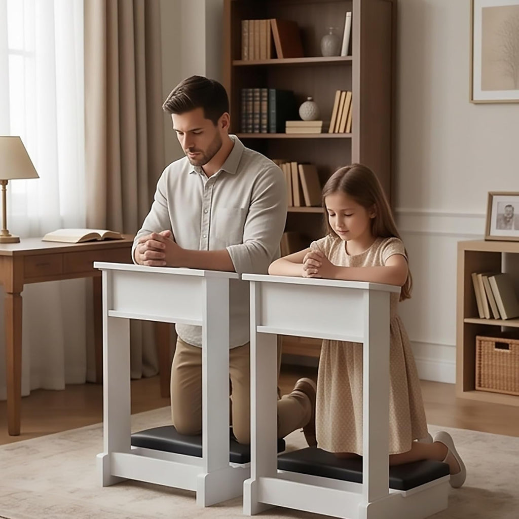 Church Prayer Bench Kneeler Wooden Prayer Kneeler with Book Shelf Prayer Table at Home with Cushion Pad Meditation Stool Kneeling Stool for Church Family(White)