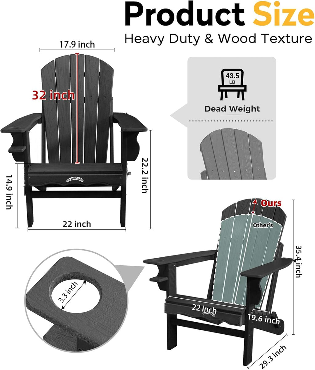 Folding Adirondack Chair, 25 Year Fade Proof Recycled HDPE Oversized Fire Pit Chair, 400 LBS Weight Capacity Outdoor Chair with Cup Holder, Umbrella Hole, Wood Texture for Patio Garden, Deck, Poolside