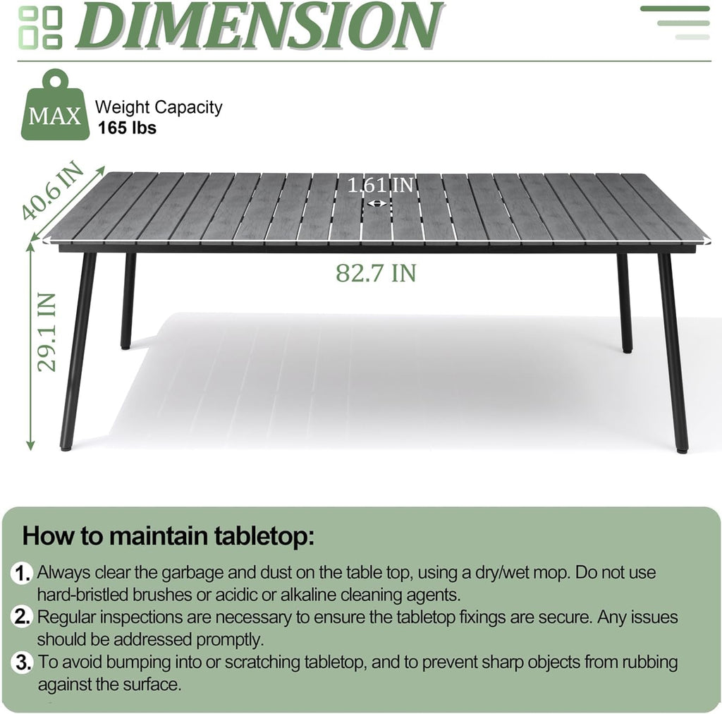 83" Patio Outdoor Dining Table for 6-8, Weather-Resistant Aluminum Frame with Wood-Grain Top & Umbrella Hole for Deck Gatherings, Grey