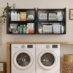 Laundry Room Cabinets with Lights, 24INCH Bathroom Cabinets Wall Mounted with Adjustable Shelves, Rattan Wall Cabinet for Bedroom, Kitchen, Bathroom (2PCS, Black)