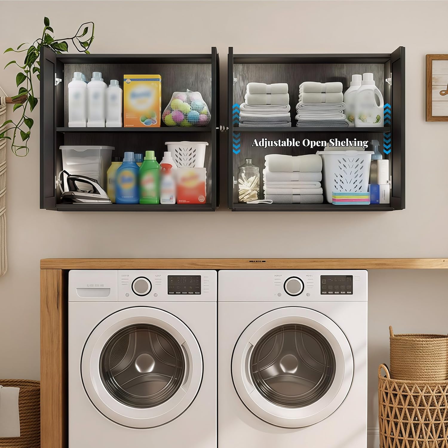 Laundry Room Cabinets with Lights, 24INCH Bathroom Cabinets Wall Mounted with Adjustable Shelves, Rattan Wall Cabinet for Bedroom, Kitchen, Bathroom (2PCS, Black)