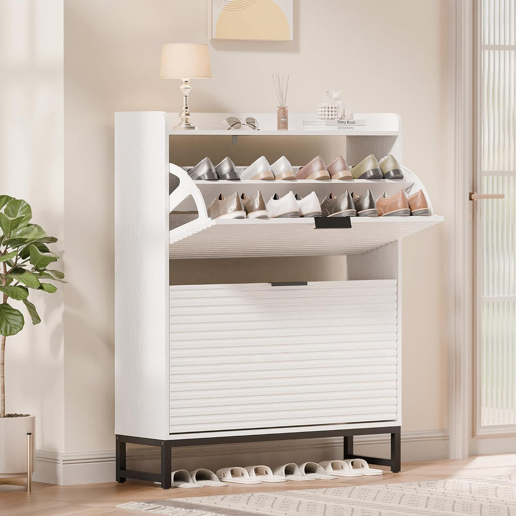MU Shoe Storage Cabinet with 2 Flip Drawers, Freestanding Fluted Shoe Cabinet, Narrow Wood Shoe Cabinet, Hidden Shoe Organizer with Metal Legs for Entryway, Foyer, Hallway, White