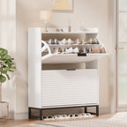 MU Shoe Storage Cabinet with 2 Flip Drawers, Freestanding Fluted Shoe Cabinet, Narrow Wood Shoe Cabinet, Hidden Shoe Organizer with Metal Legs for Entryway, Foyer, Hallway, White