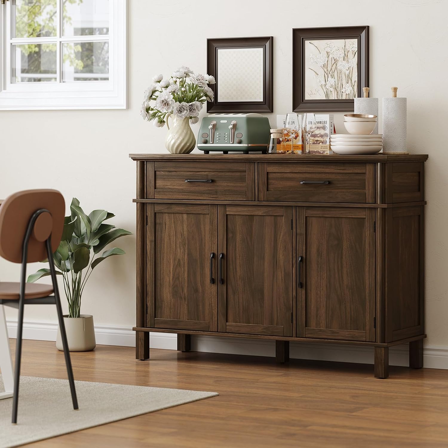 ONBRILL 48 Inch Buffet Cabinet with Storage, Farmhouse Sideboard Buffet w/2 Drawers and 3 Doors, Wood Coffee Bar Cabinet with Adjustable Shelves, Sideboard Storage for Kitchen, Living Room, Walnut
