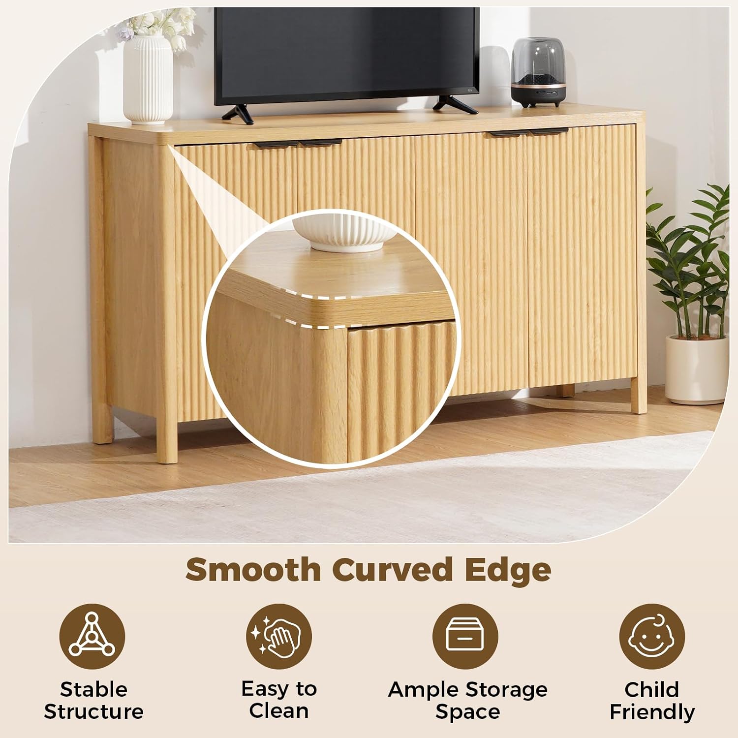 HOMMPA 55'' Sideboard Buffet Cabinet with Storage Fluted Sideboard Buffet with Adjustable Shelves Coffee Bar Console Table Cabinet for Hallway Entryway Living Room or Kitchen Natural