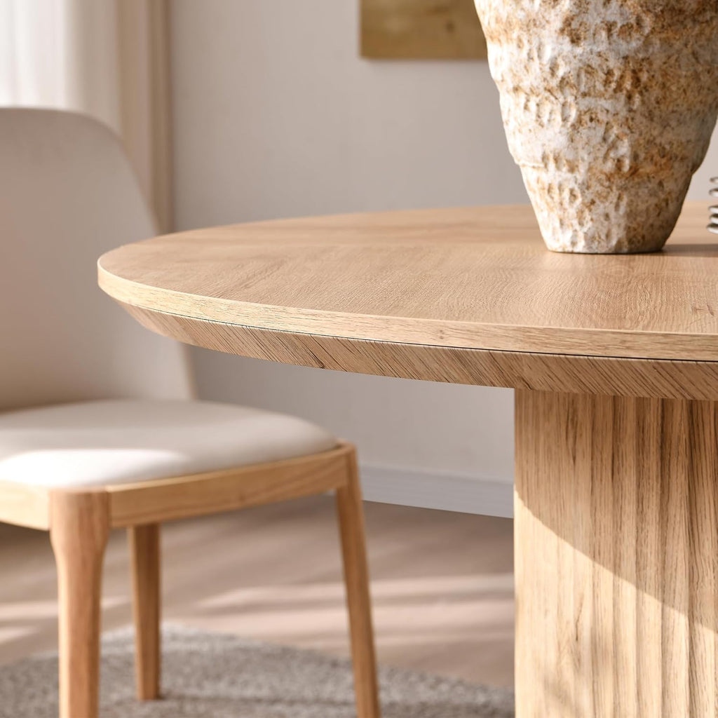 OKD Fluted Round Dining Table for 4, 47" Modern Kitchen Table with Thickened Edge & Cylindrical Base for Kitchen Living Room,Natural Oak(Table Only)