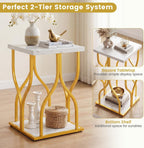 Giantex 2-Tier End Table, Faux Marble Bedside Night Stand with Storage Shelf & Gold Petal-Inspired Geometric Metal Frame, Modern Couch Sofa Side Table for Living Room Bedroom Small Spaces (1)
