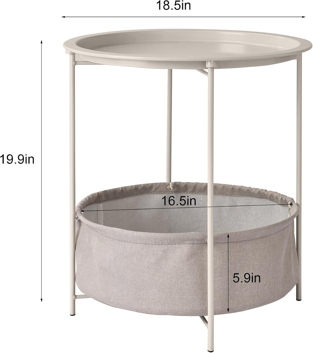 VECELO Round Side/End Table with Fabric Storage Basket，Metal Anti-Rust and Waterproof Small Bedside Nightstand with Removable Tray Top for Living Room，Balcony & Laundry，Grey /1pcs with Basket