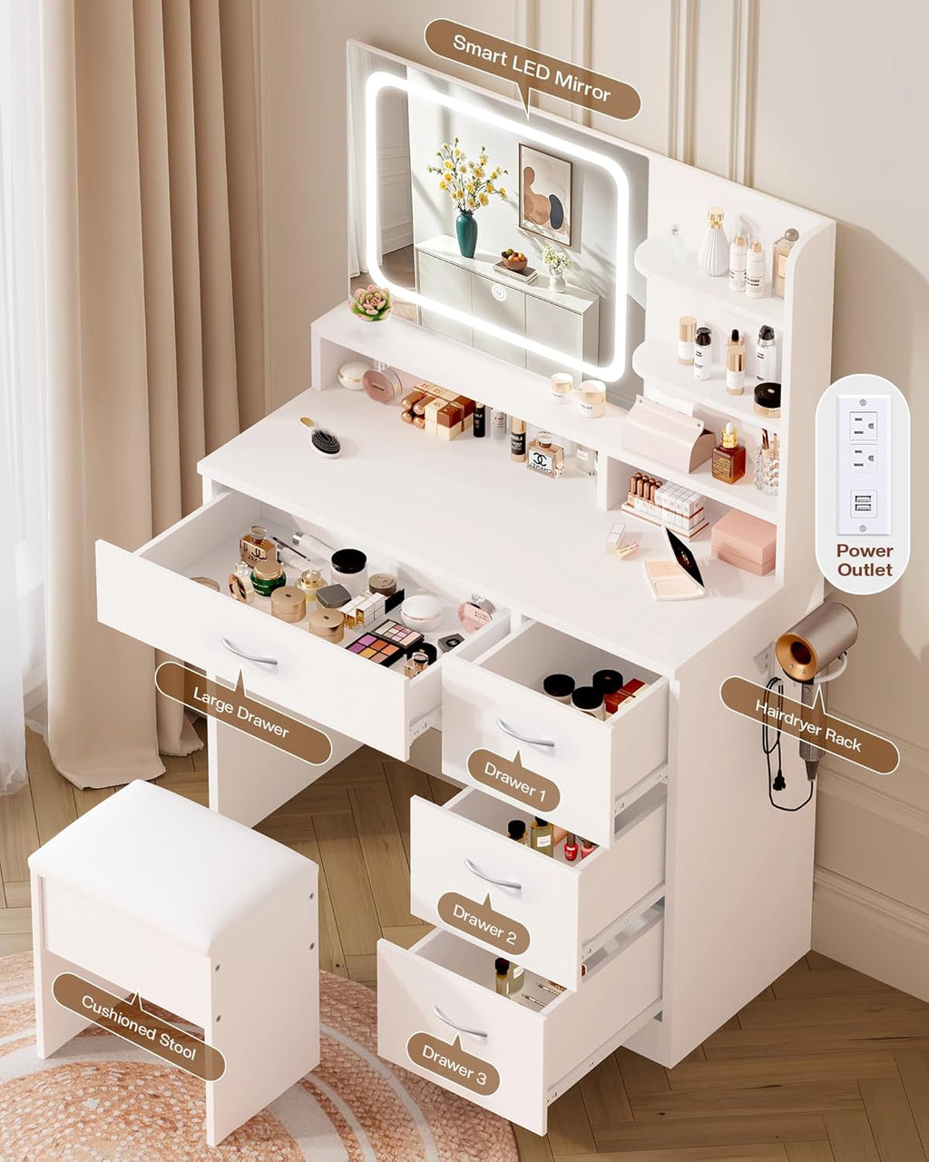 LIVELYGLOW Makeup Vanity Desk with Smart LED Mirror & Charging Station, 34.1" White Vanity Table Set with Cushioned Stool, 4 Drawers & Hairdryer Rack, Modern Bedroom Dressing Table-White