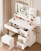 LIVELYGLOW Makeup Vanity Desk with Smart LED Mirror & Charging Station, 34.1" White Vanity Table Set with Cushioned Stool, 4 Drawers & Hairdryer Rack, Modern Bedroom Dressing Table-White