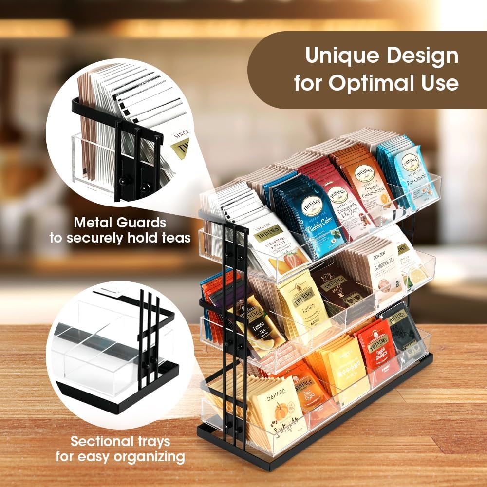 J JACKCUBE DESIGN Tea Bag Organizer Steel and Acrylic 3 Tier, 15 Compartment Tea Bags Sugar Packets Coffee Station Storage Holder for Cabinet Countertop Office (Black)- MK956A